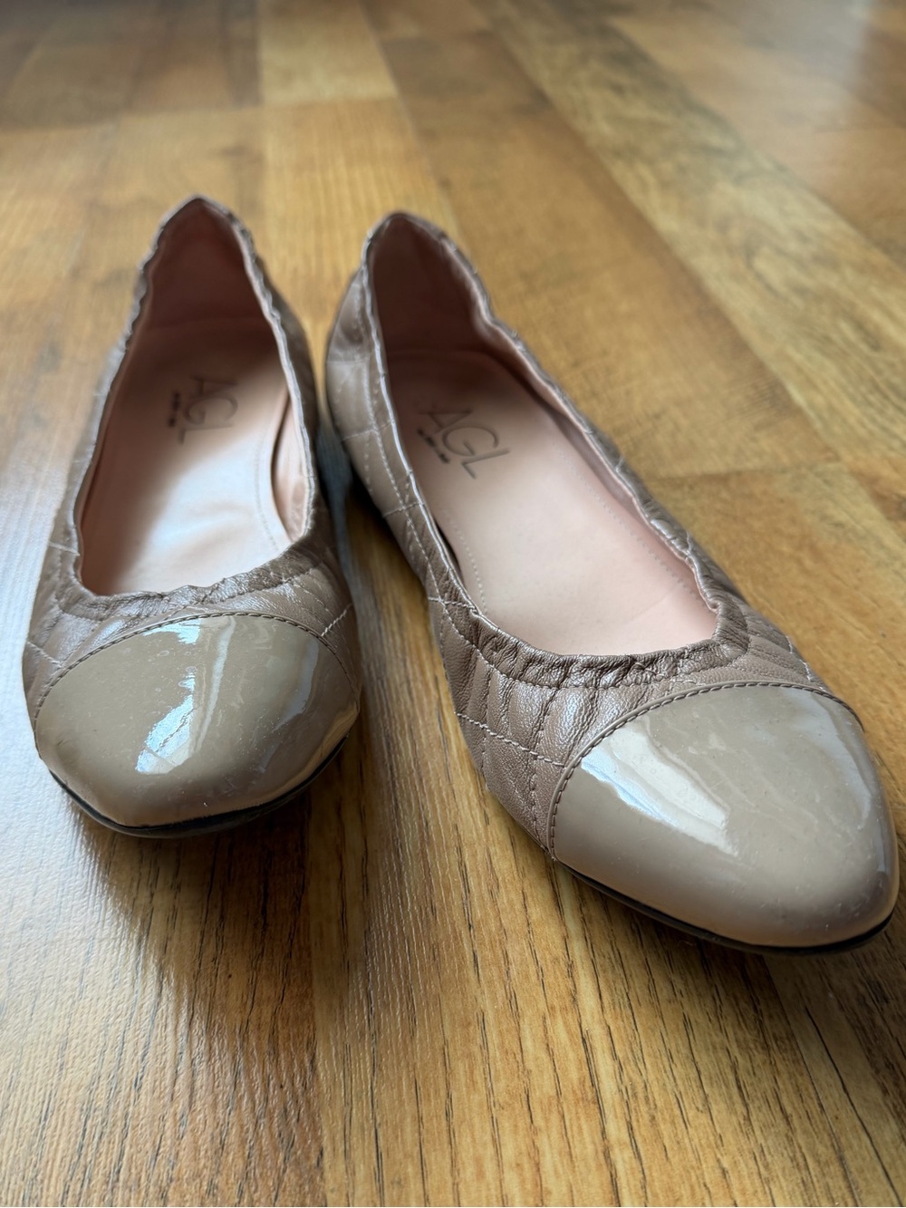 AGL Taupe Quilted Ballet Flats with Patent Toe